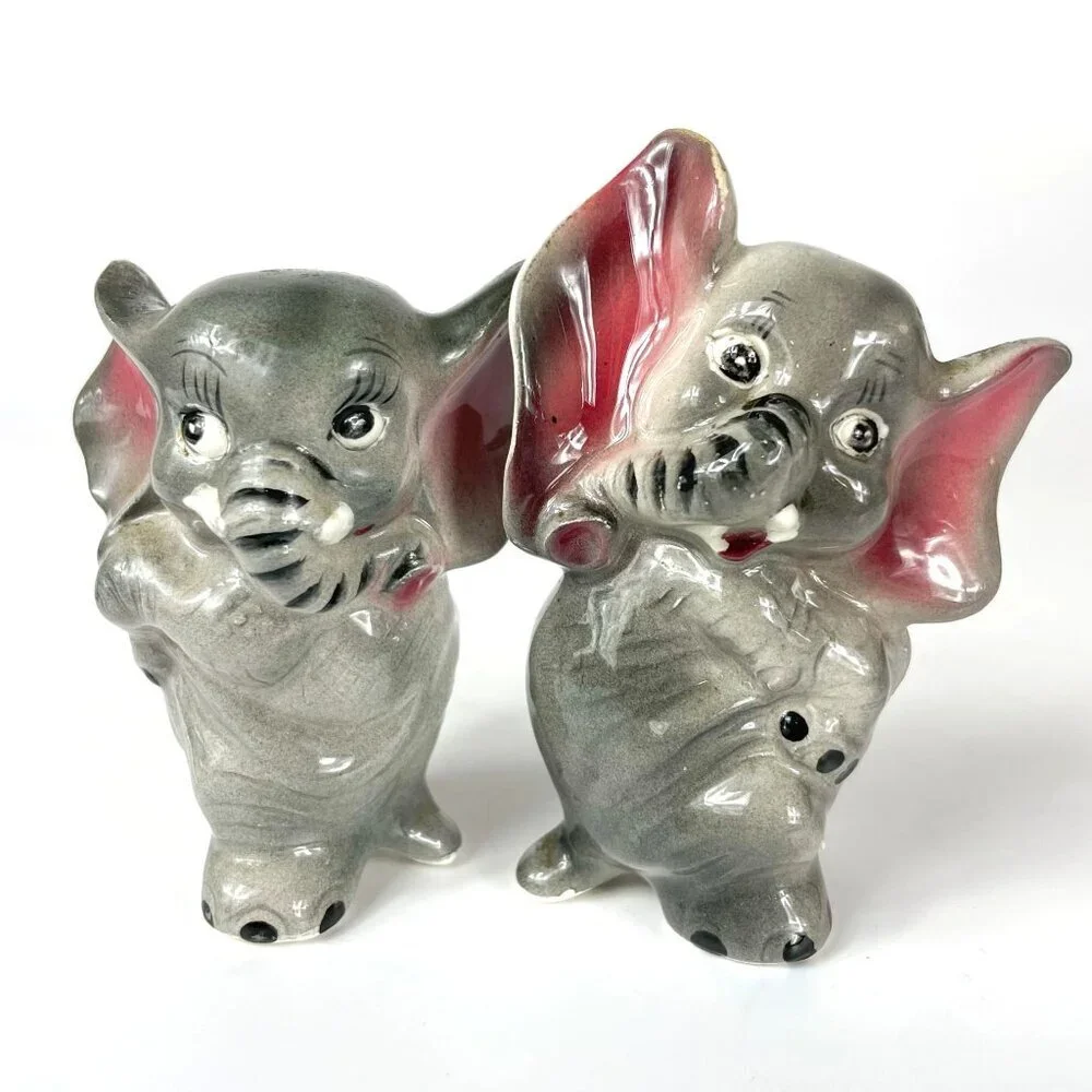 Vintage Elephant Gray Anthropomorphic Ceramic Salt Pepper Shakers